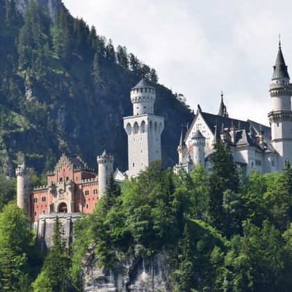 Neuschwanstein Castle perched on a forested hillside with white towers, red brick sections, and dense green forest surrounding the base.