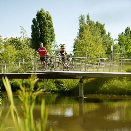 Bamberg Cyclists on the bridge over the fish ladder in Erbapark