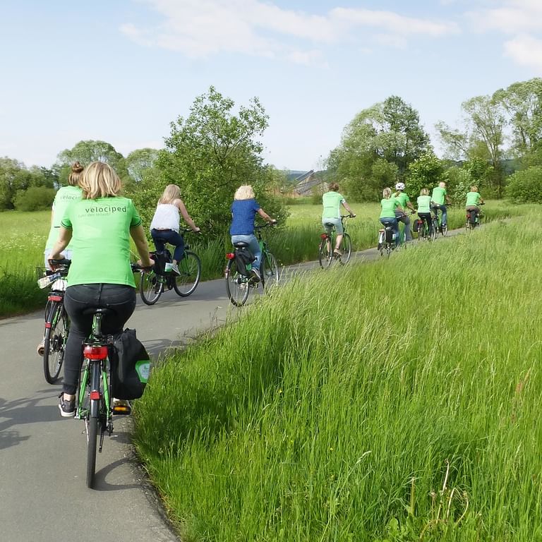 Gruppe von Radfahrern in grünen Velociped-Shirts fährt auf einem asphaltierten Weg durch grüne Landschaft mit hohem Gras und Bäumen.